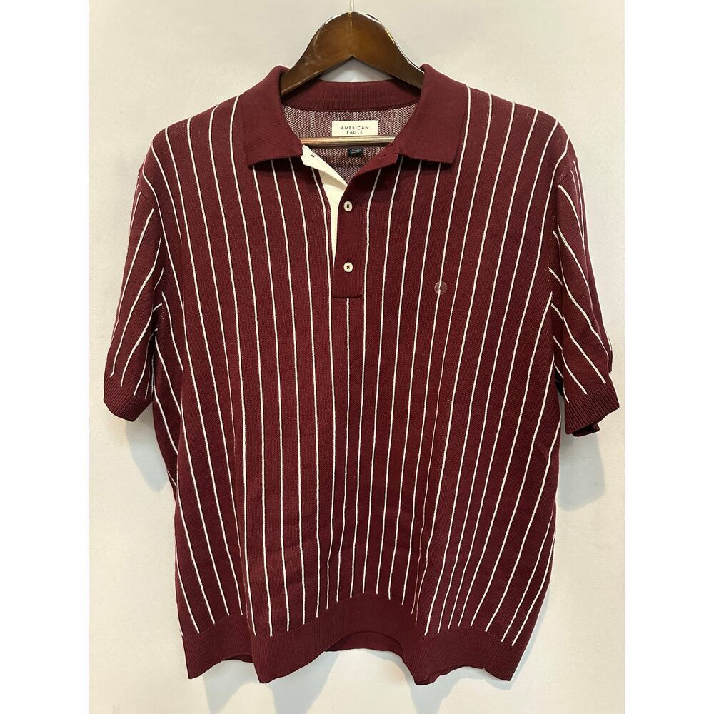Men’s American Eagle Maroon and White Striped Polo Size L